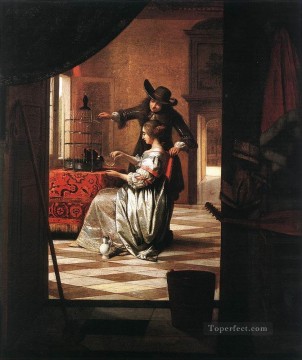 ピーテル・デ・ホーホ Painting - カップルとオウム ジャンル Pieter de Hooch